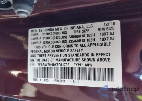 2019 Honda Cr-V Touring from USA, damaged, VIN 7FARW2H90KE001792